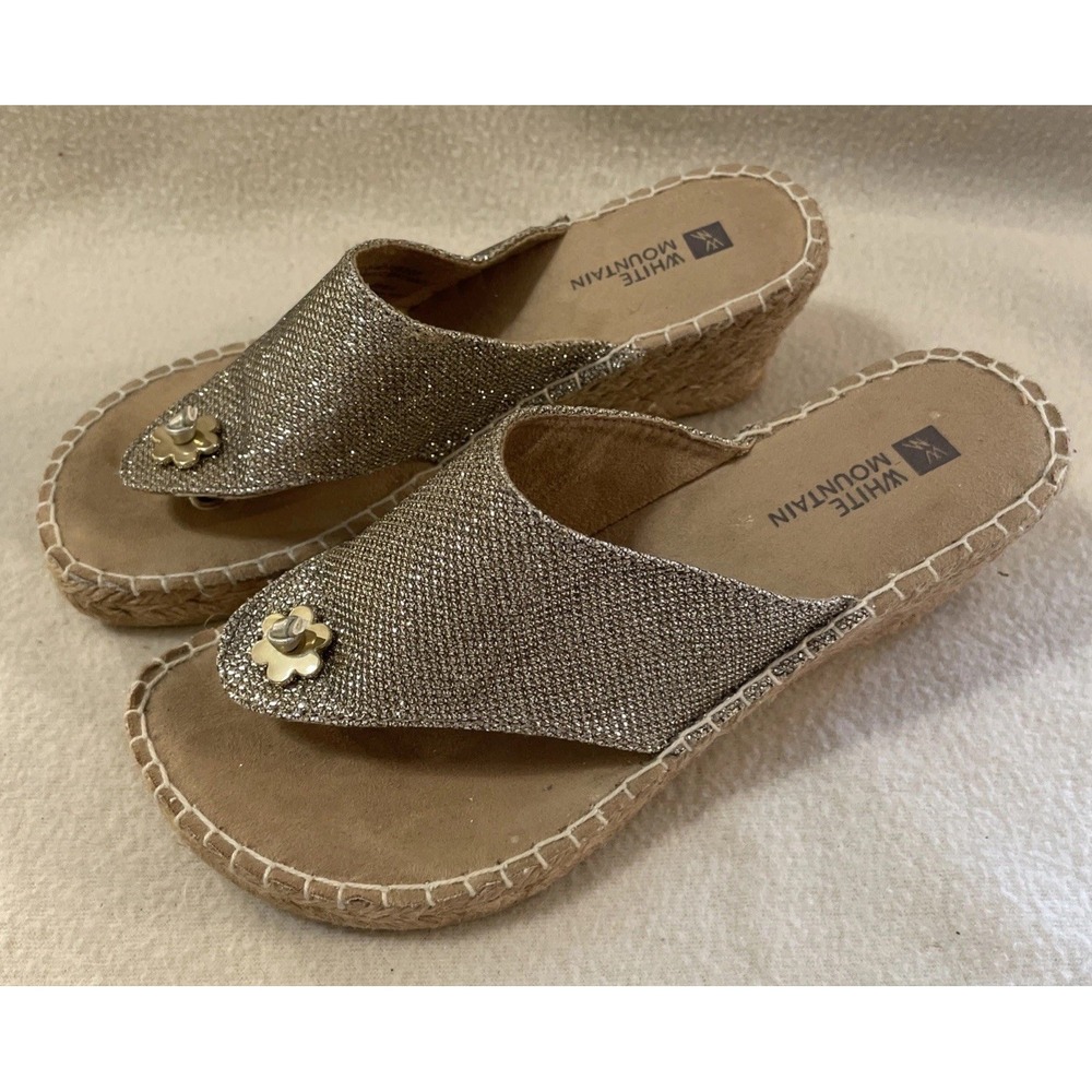 White Mountain Light Gold Shiny Baywatch Wedge Heel Sandals Shoes Women's Size 5